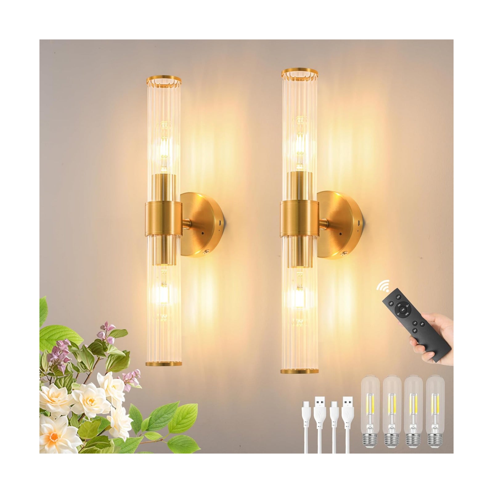 Gold Battery Operated Wall Sconces Set of Two, Dimmable Rechargeable Sconce | Wireless Wall Light with Remote Control