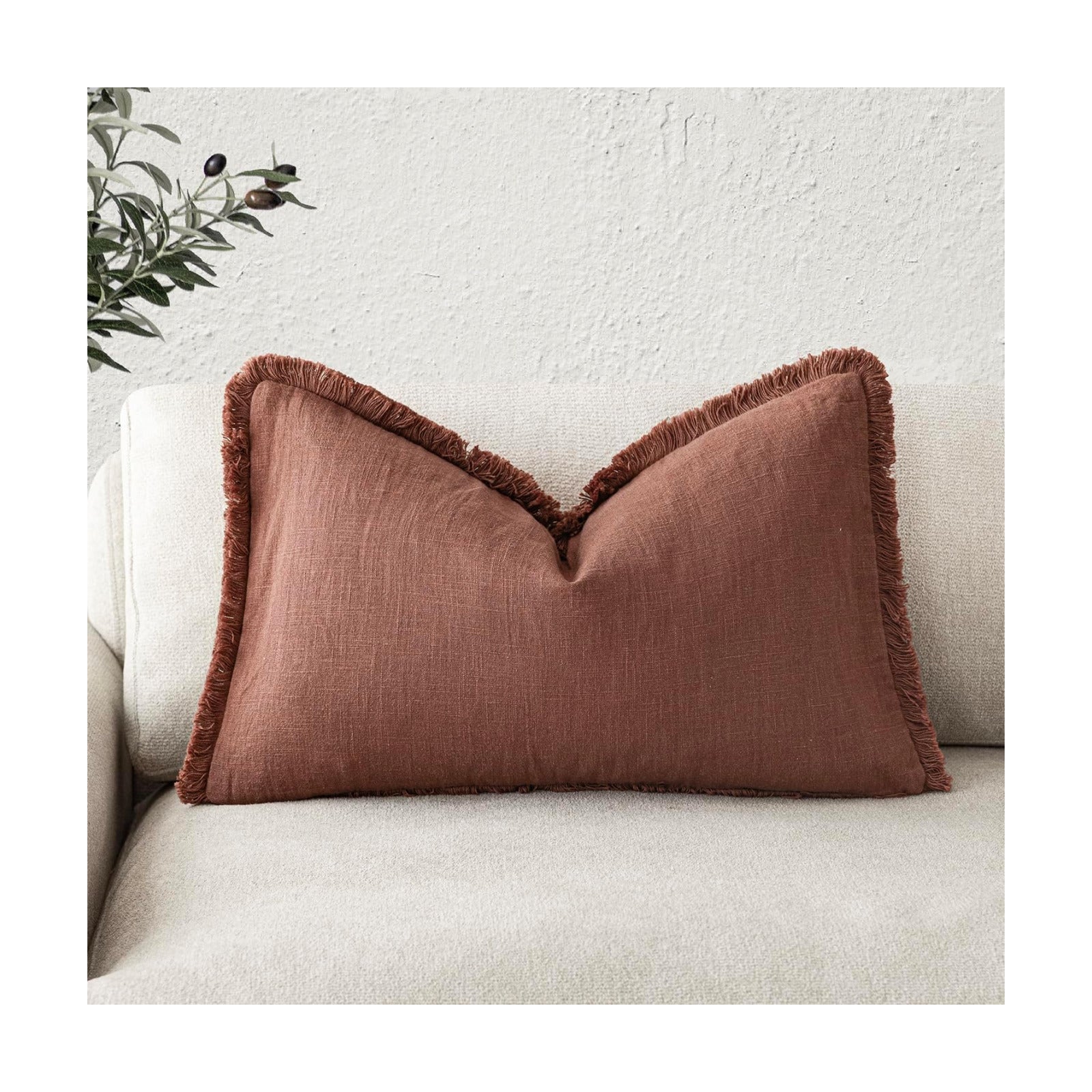 Decorative Linen Fringe Lumbar Throw Pillow Covers Boho Farmhouse Cushion / 20 x 12 / Autumn Glaze