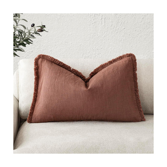 Decorative Linen Fringe Lumbar Throw Pillow Covers Boho Farmhouse Cushion / 20 x 12 / Autumn Glaze