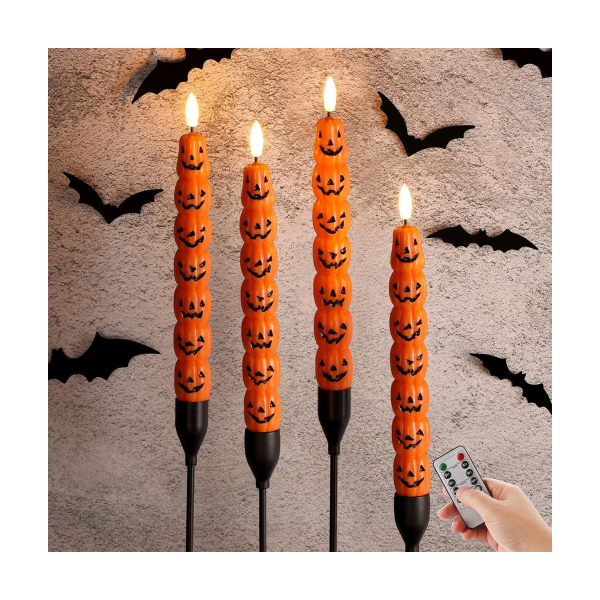 Orange Pumpkin Halloween Flameless Taper Candles with Remote | Spooky Flickering LED Wax Candlesticks, 2 AAA Battery