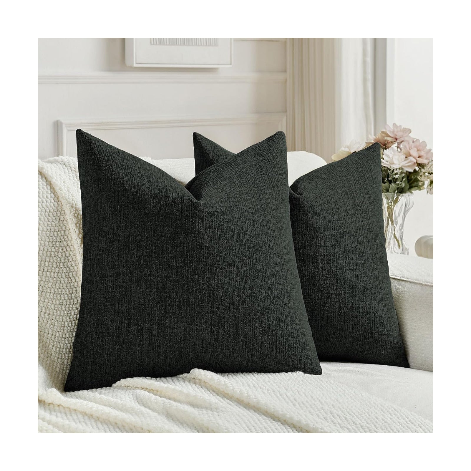 Chenille Decorative Throw Pillow Covers / Black / 18 x 18 / Set of 2