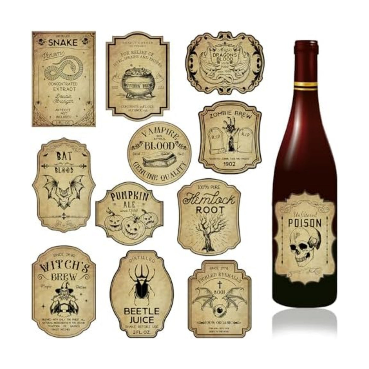 36Pcs Halloween Wine Bottle Label Stickers Retro Scary Potion Bottle Labels