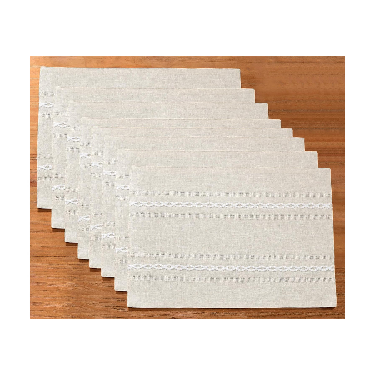 Wracra Cotton Linen Place Mats, Ivory Embroidered Placemats Set of 8 | Placemats 12 x 18 Inch; Cotton Linen Woven