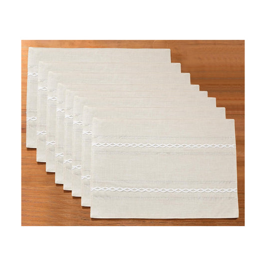 Wracra Cotton Linen Place Mats, Ivory Embroidered Placemats Set of 8 | Placemats 12 x 18 Inch; Cotton Linen Woven