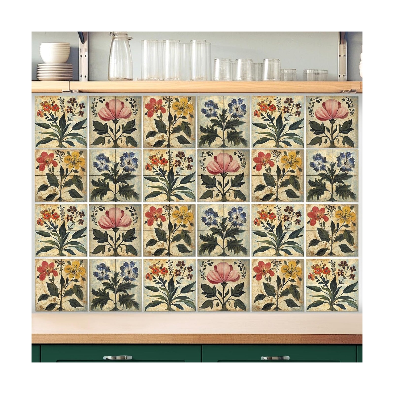 Flower Tile Stickers Watercolor Retro Rustic Floral Peel and Stick / Boho Flower / 4 x 4 / Set of 24
