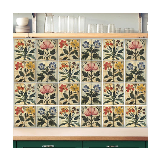 Flower Tile Stickers Watercolor Retro Rustic Floral Peel and Stick / Boho Flower / 4 x 4 / Set of 24