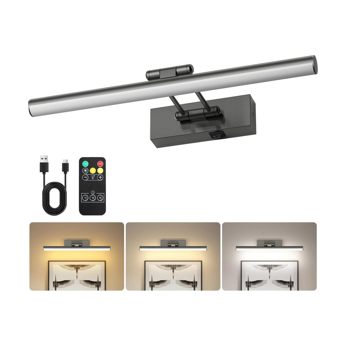 JUSHENG Battery Operated Picture Lights for Wall Brushed Grey 3CCT Dimmable Gallery Lights with Remote and Timer