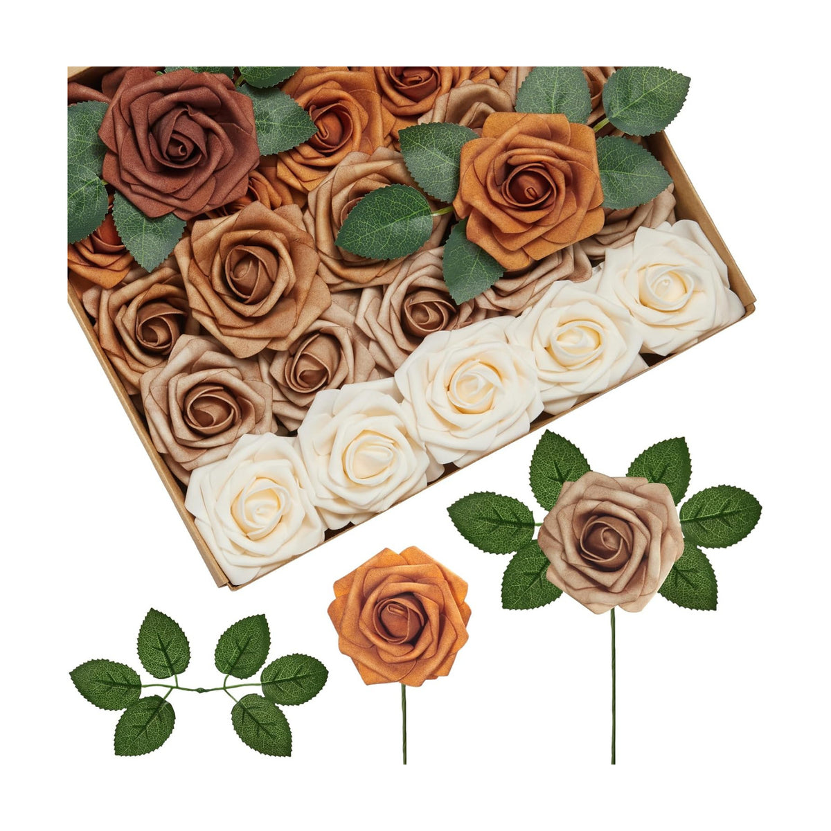 InnoGear Artificial Flowers, 50 Pcs Shades of Earth Tones Foam Fake Roses Bulk with Stems for Autumn Fall Decoration DIY Wedding Bouquets Centerpieces Bridal Shower Party Christmas Tree
