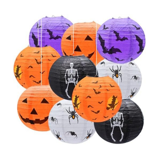 10-Pack Halloween Paper Lanterns Set – 10" Hanging Pumpkin Skeleton Bat Spider Witch Lanterns for Indoor Outdoor Halloween Party, Porch, Classroom Decorations