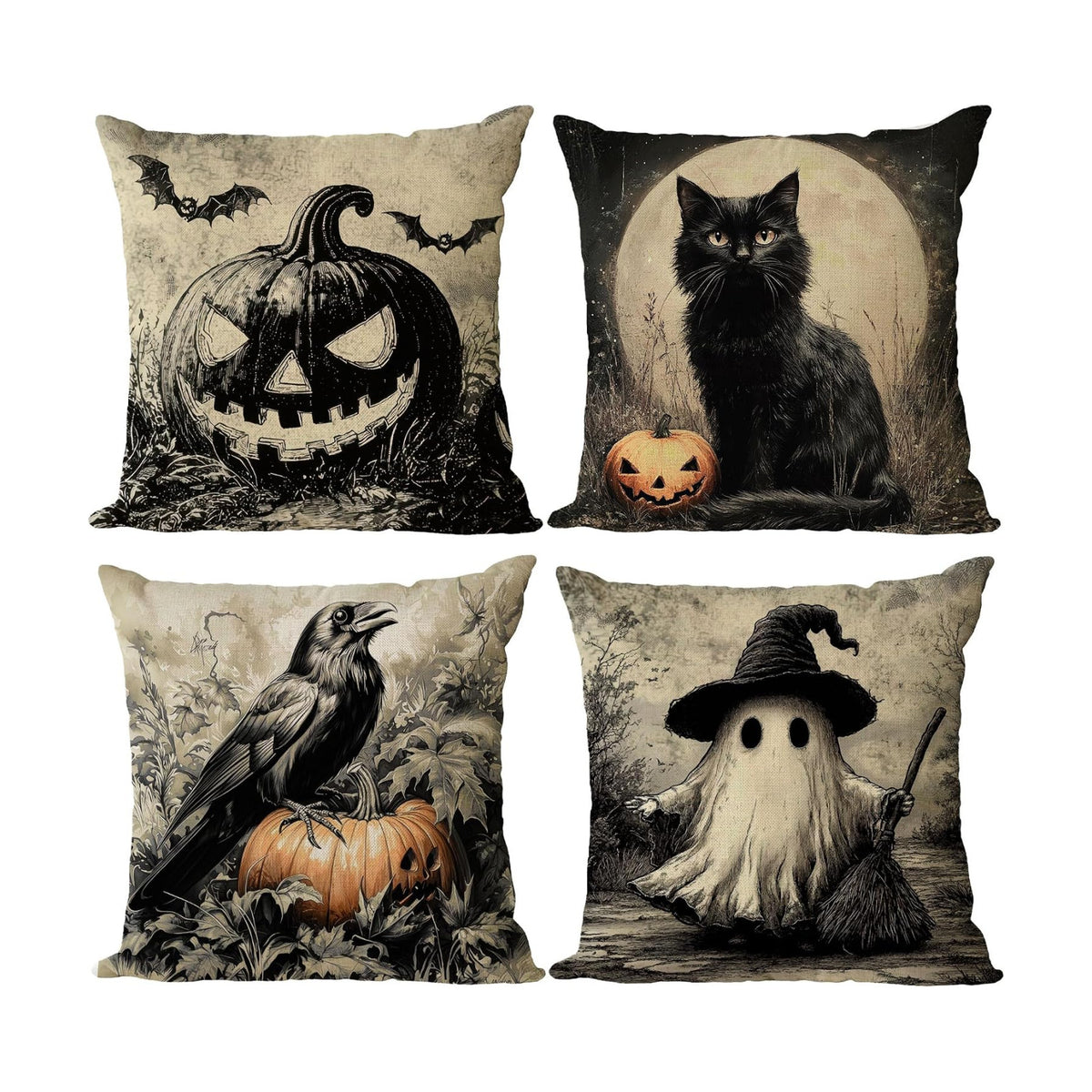 YeeJu Set of 4 Halloween Pillow Covers 26x26 Inch Cute Ghost Pumpkin Decor Throw Pillow Covers Black Plaid Happy Halloween Cushion Covers Linen Pillow Cases for Home Outdoor Sofa Couch (26 by 26)