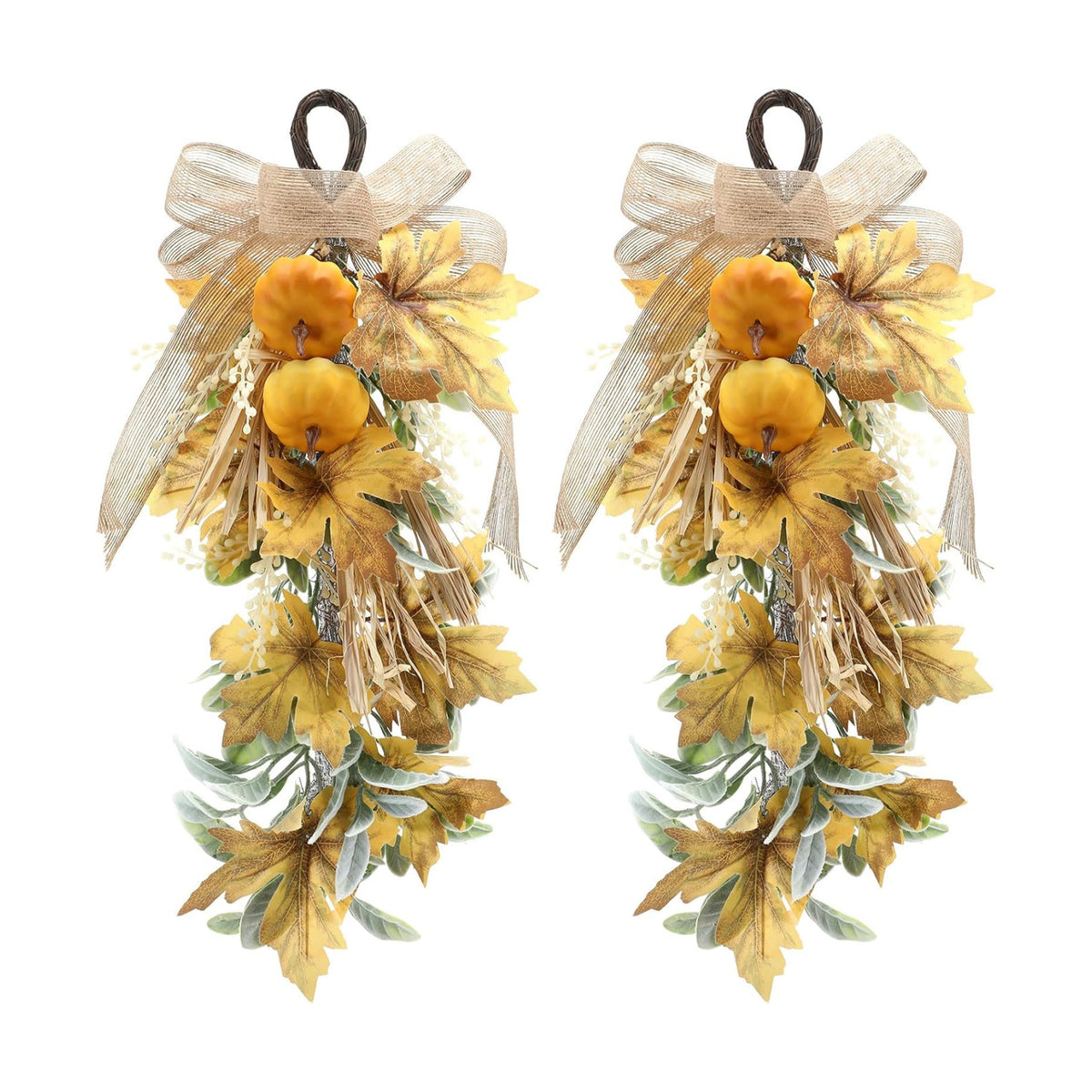 Suncalla 2 Pcs Fall Pumpkin Teardrop Swag 20" Front Door Maple Leaf