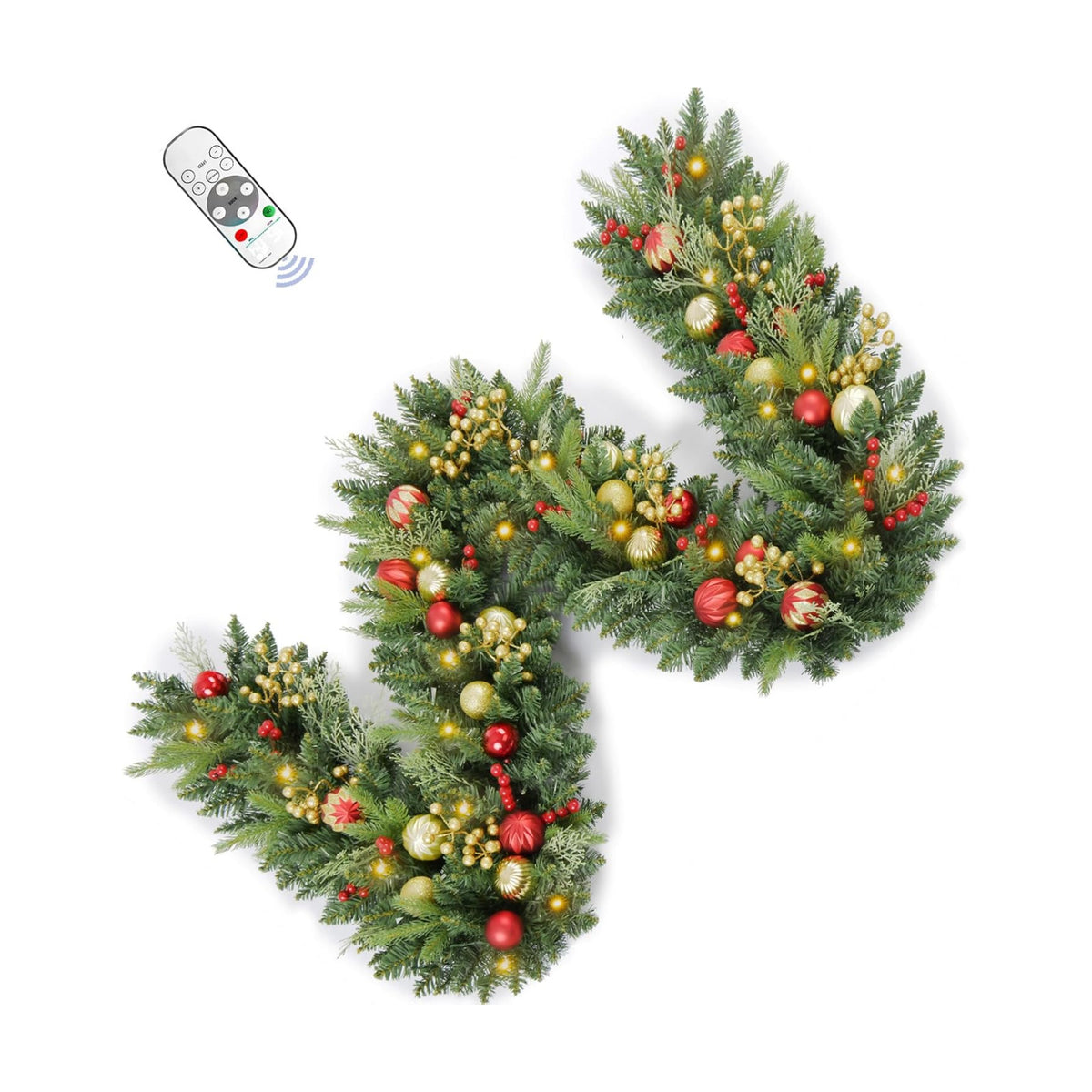 9FT Prelit Artificial Christma Garland with Dual Color LED Lights and Timer by Remote Control and Batteries Operated, Home Mantle Stairs Railing Fireplace Outdoor Indoor Wall