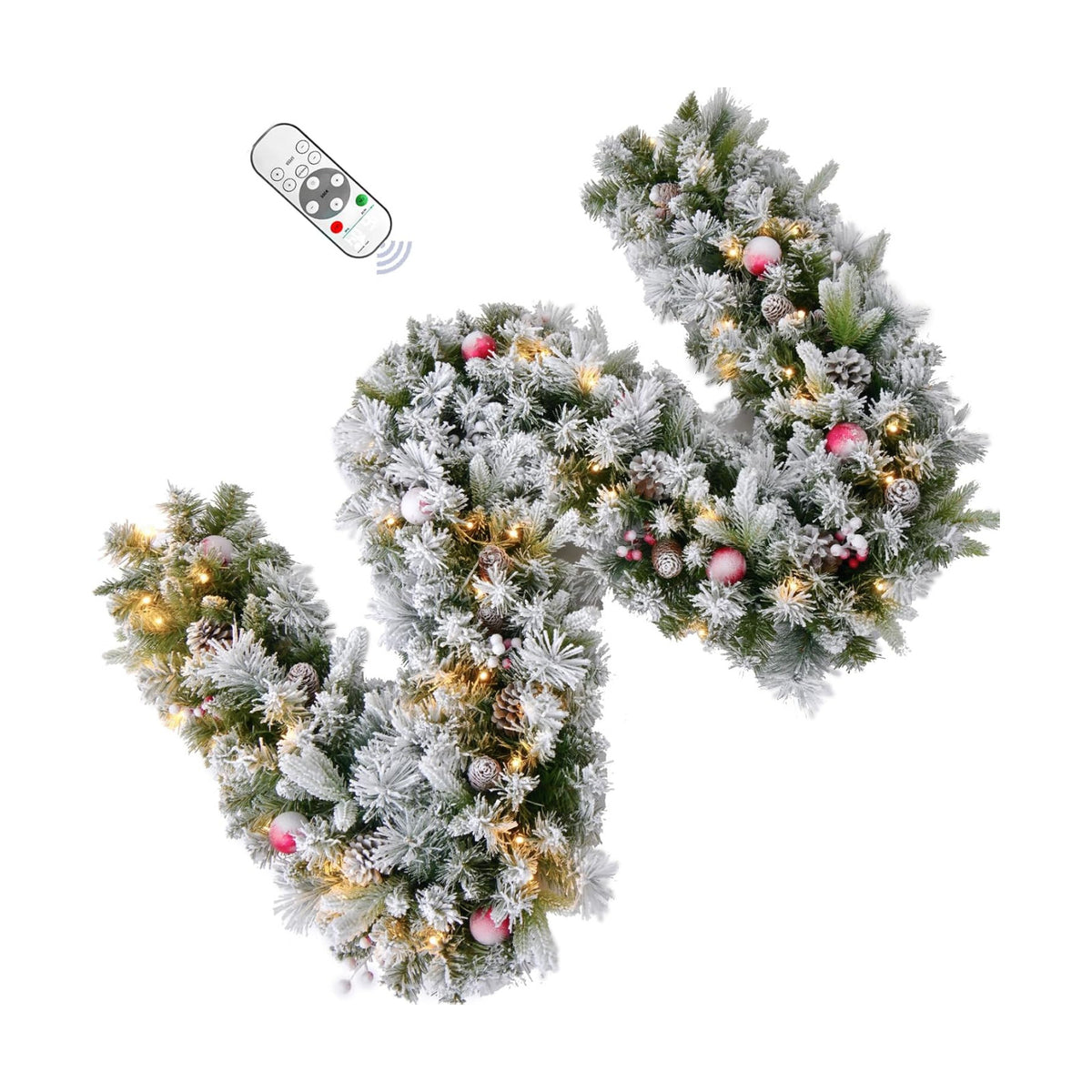 9FT Flocked Prelit Garland with Dual Color LED Lights and Timer by Remote Control and Batteries Operated, Home Mantle Stairs Railing Fireplace Outdoor Indoor Wall