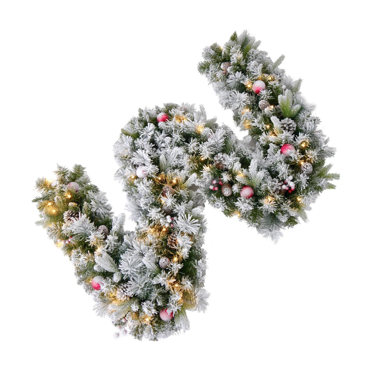 9FT Artificial Christmas Snow Garland with 50 Clear Lights, Pulg in, Pine Cone, Red Berry, String Light for Outdoor Indoor, Home Decoration Mantle Stairs Railing Fireplace Door