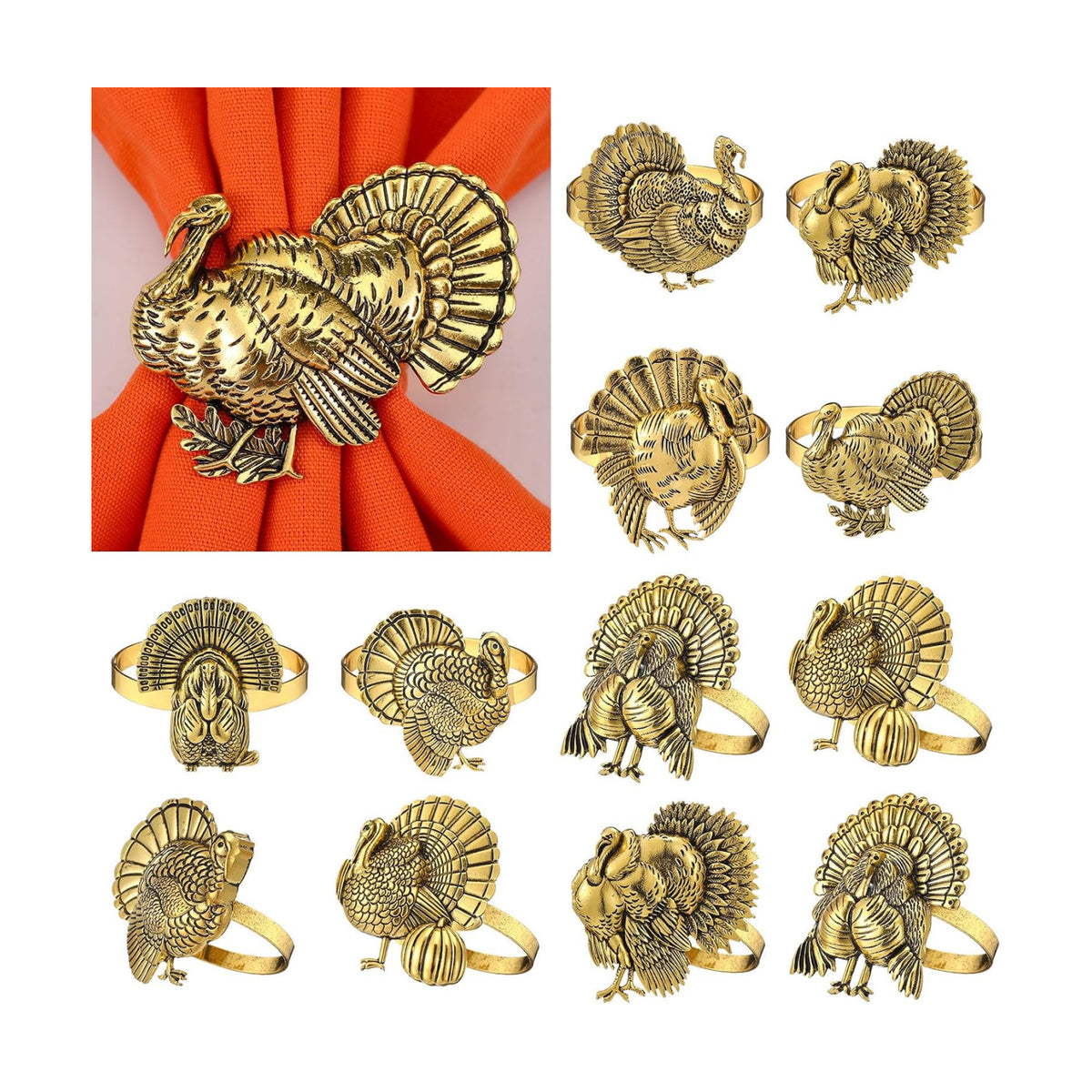 WILLBOND 12 Pcs Thanksgiving Napkin Rings Set Turkey Bird Themed Holders