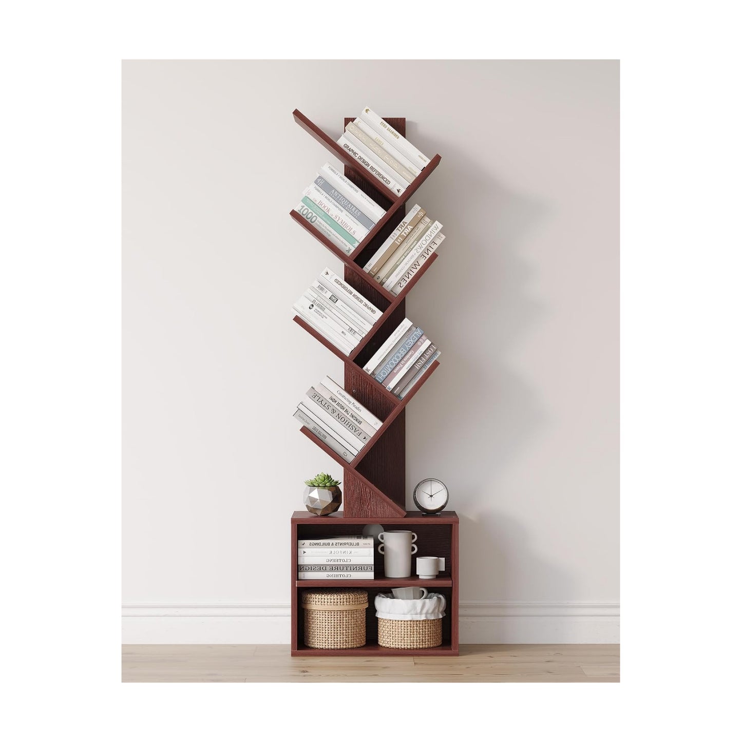 SUNMORY 6 Tier Tree Bookshelf, Tall Small Bookcase with Storage Cabinet