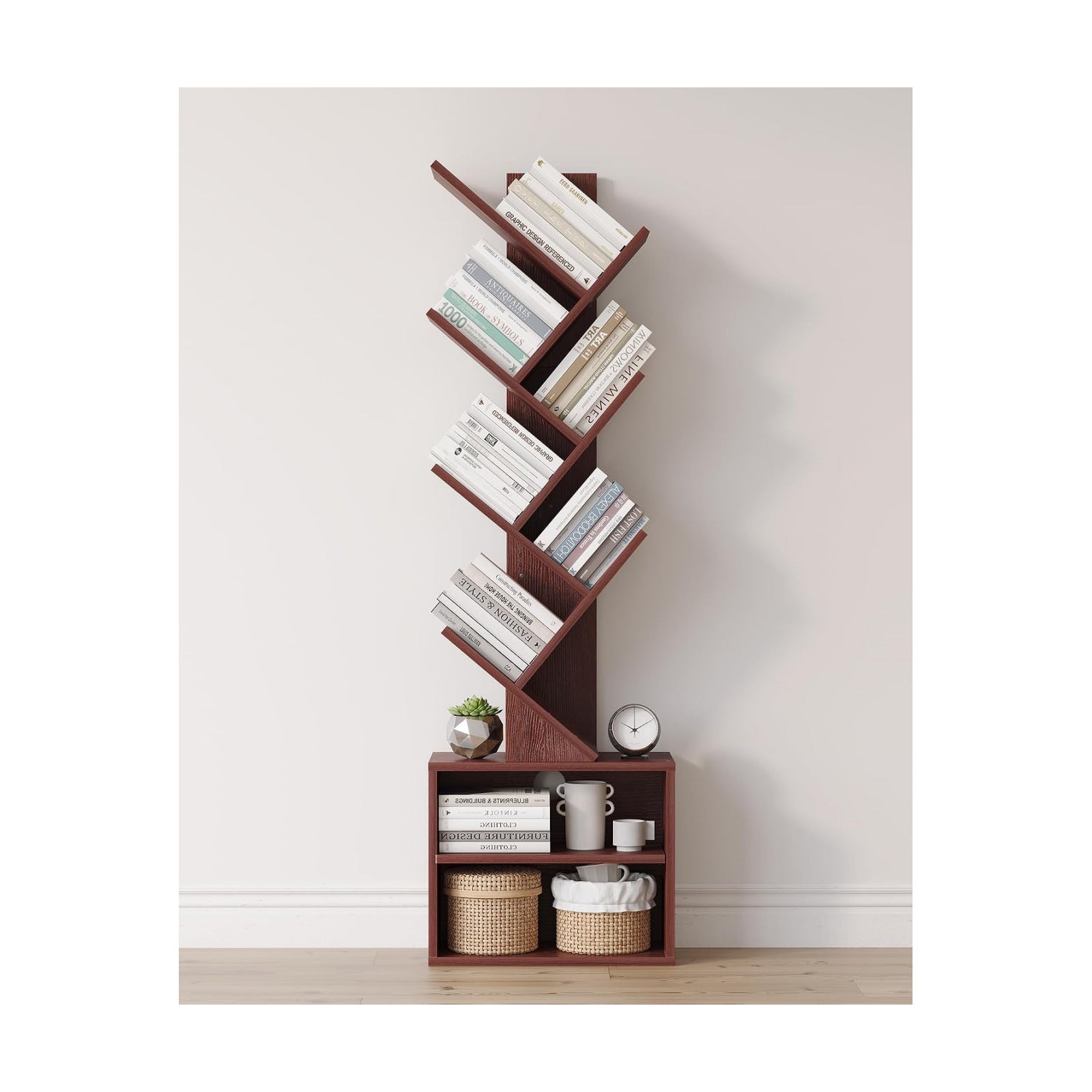 SUNMORY 6 Tier Tree Bookshelf, Tall Small Bookcase with Storage Cabinet