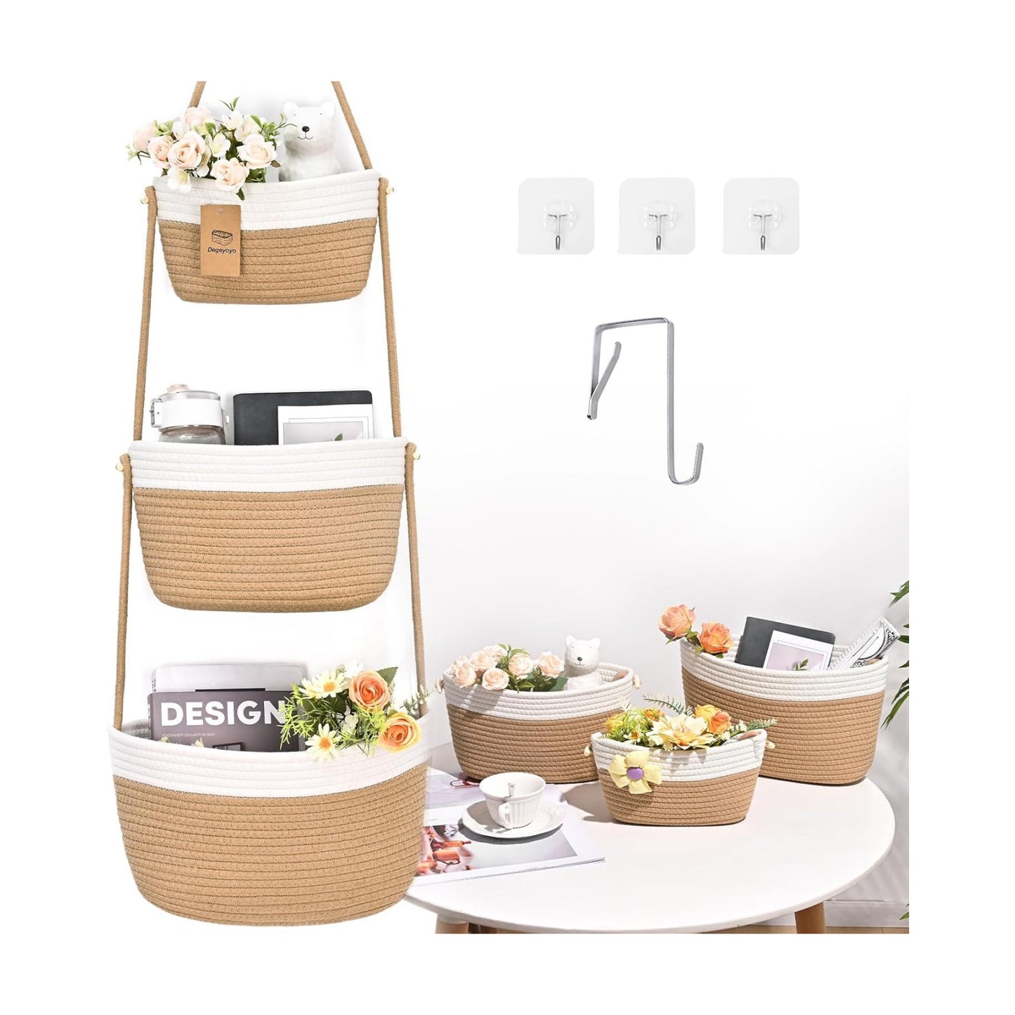 3-Tier Woven Wall Basket / Classic / Jute & White