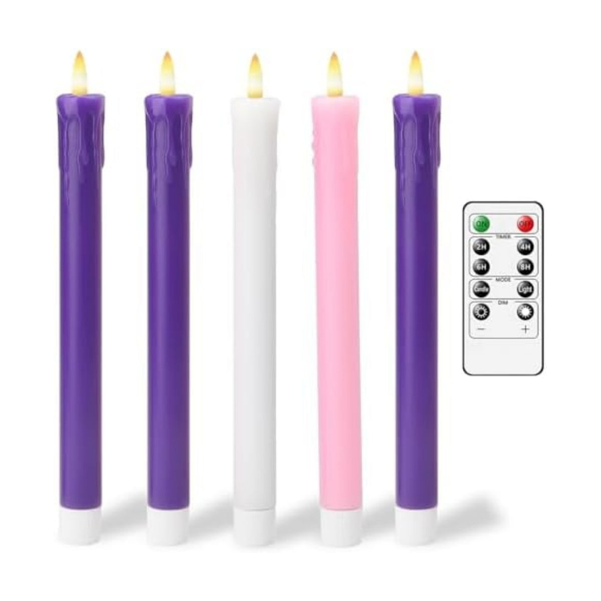 Lezonic Flameless Advent Candles Battery Operated with Remote, Set of 5 Wax Christmas Taper Nativity Candles, LED Advent Wreath Candles for Church Home Christian Decor, 3 Purple & 1 Pink & 1 White