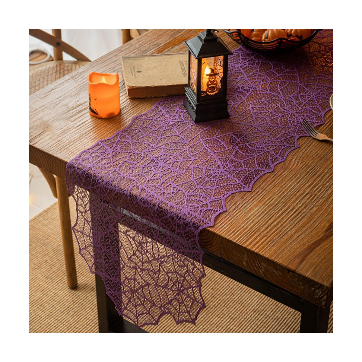 Halloween Table Runner - Black Lace with Spider Web & Bat Design, Elegant Lace Runner for Halloween Parties, Weddings & Spooky Home Decor (Purple Spider Web)