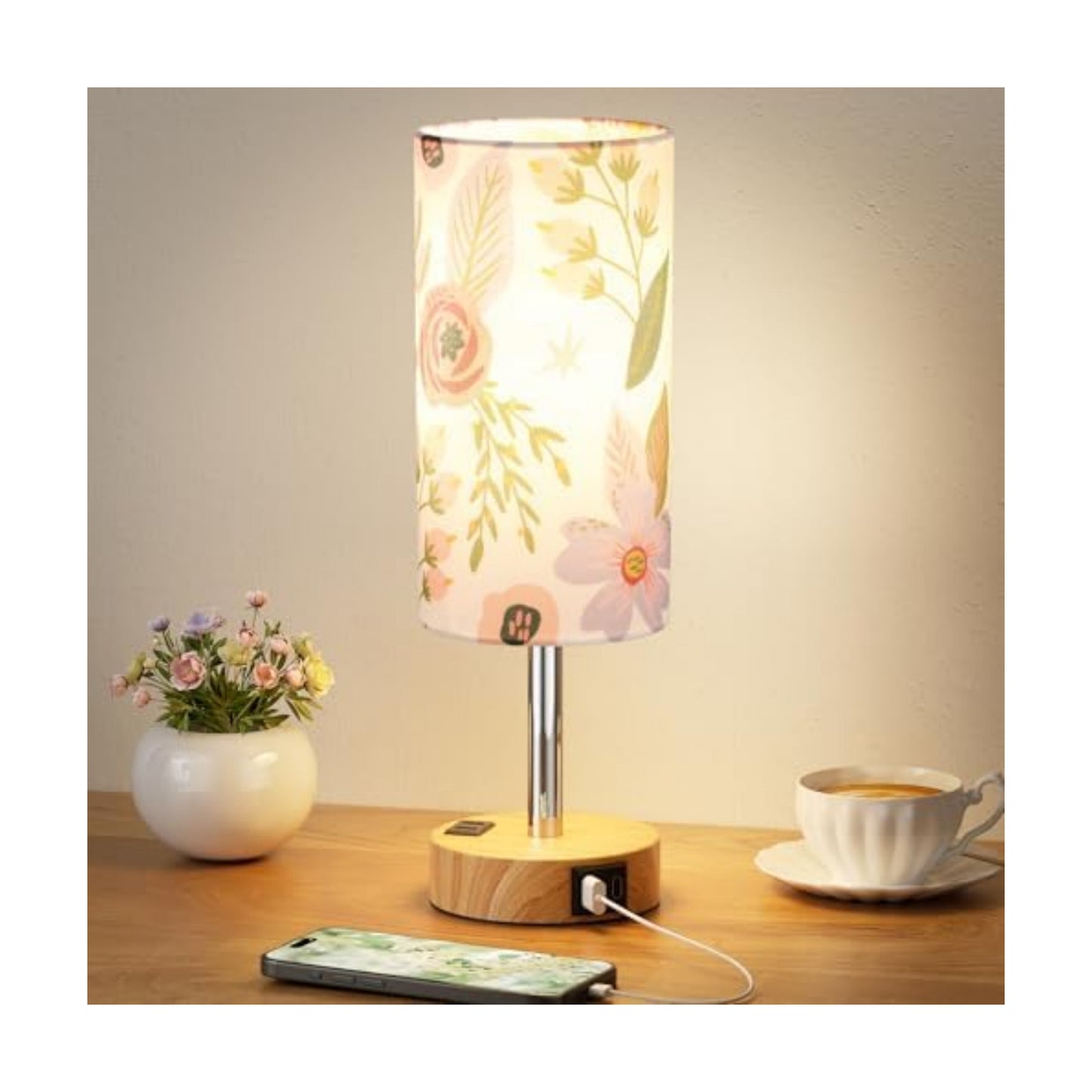 Fenmzee Floral Bedside Lamp for Bedroom, Dimmable Touch, USB A+C, AC Outlet