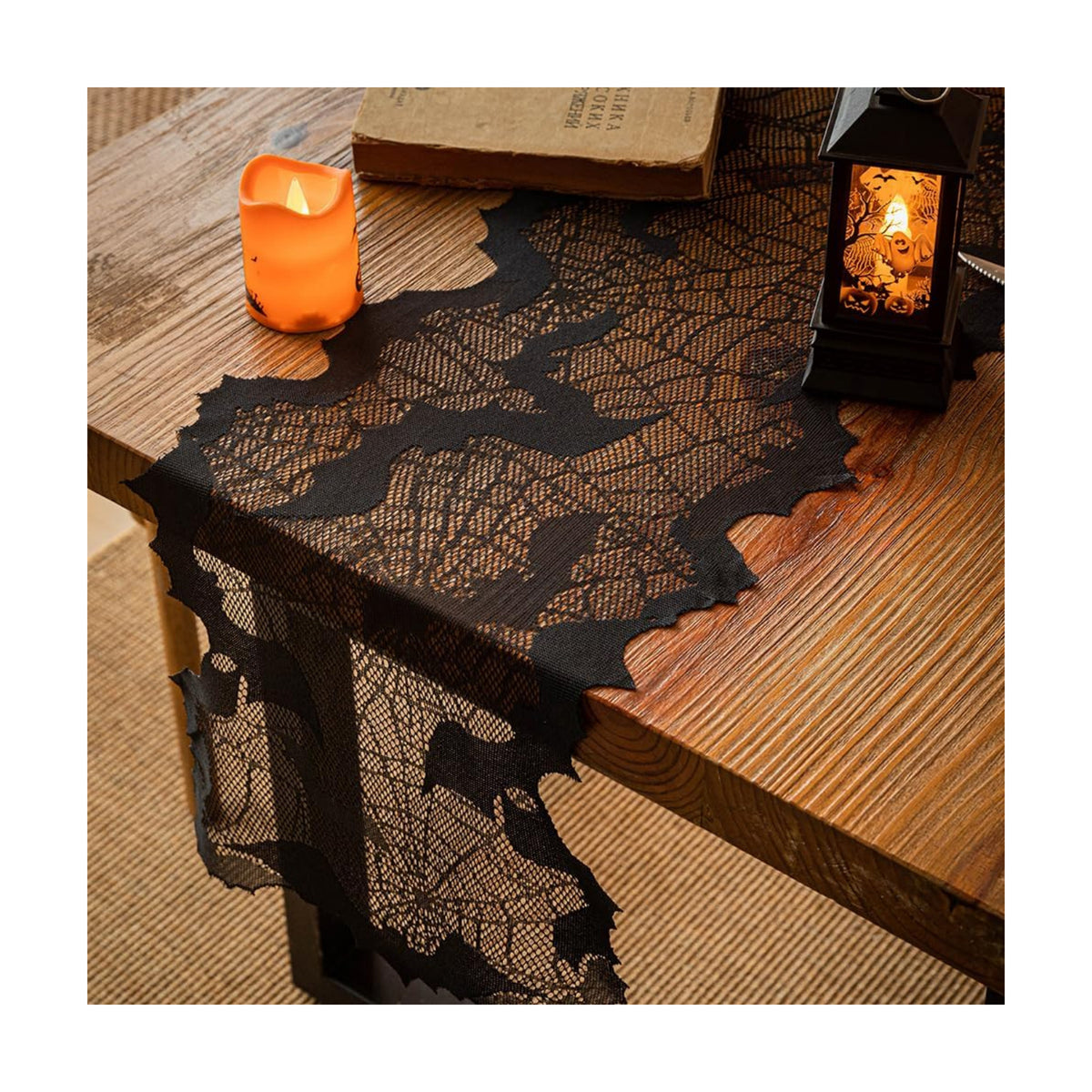 Halloween Table Runner - Black Lace with Spider Web & Bat Design, Elegant Lace Runner for Halloween Parties, Weddings & Spooky Home Decor (Bat)