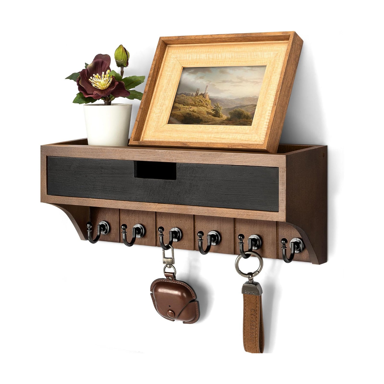 Pine Wood Key Holder Wall Mount / Brown & Black / 1-drawer