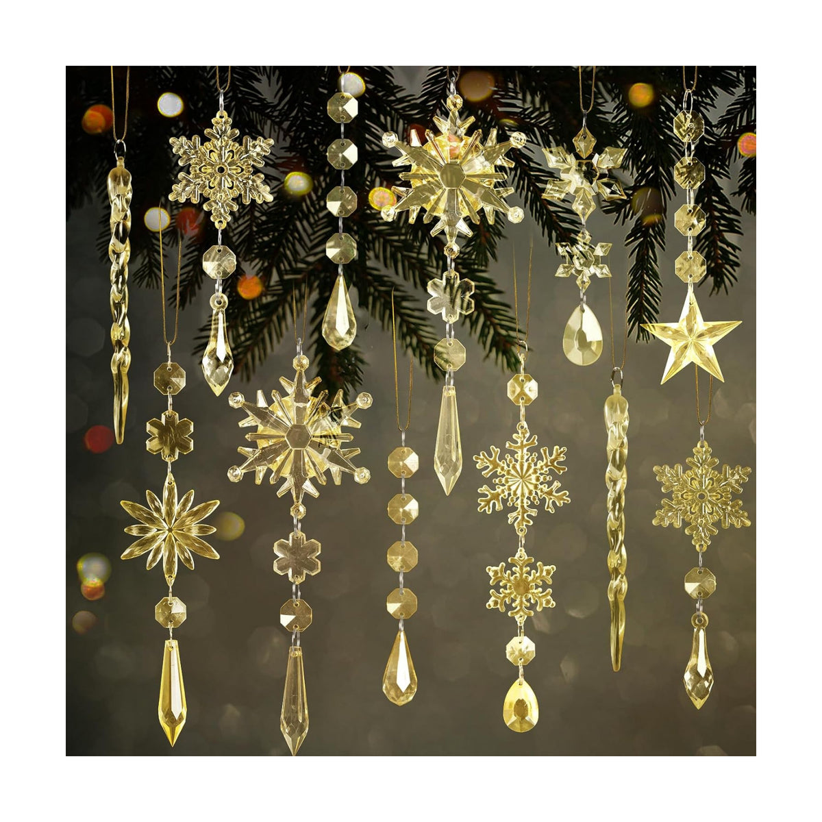 Crystal Ornaments for Christmas Tree Decorations Gold Snowflake Icicles