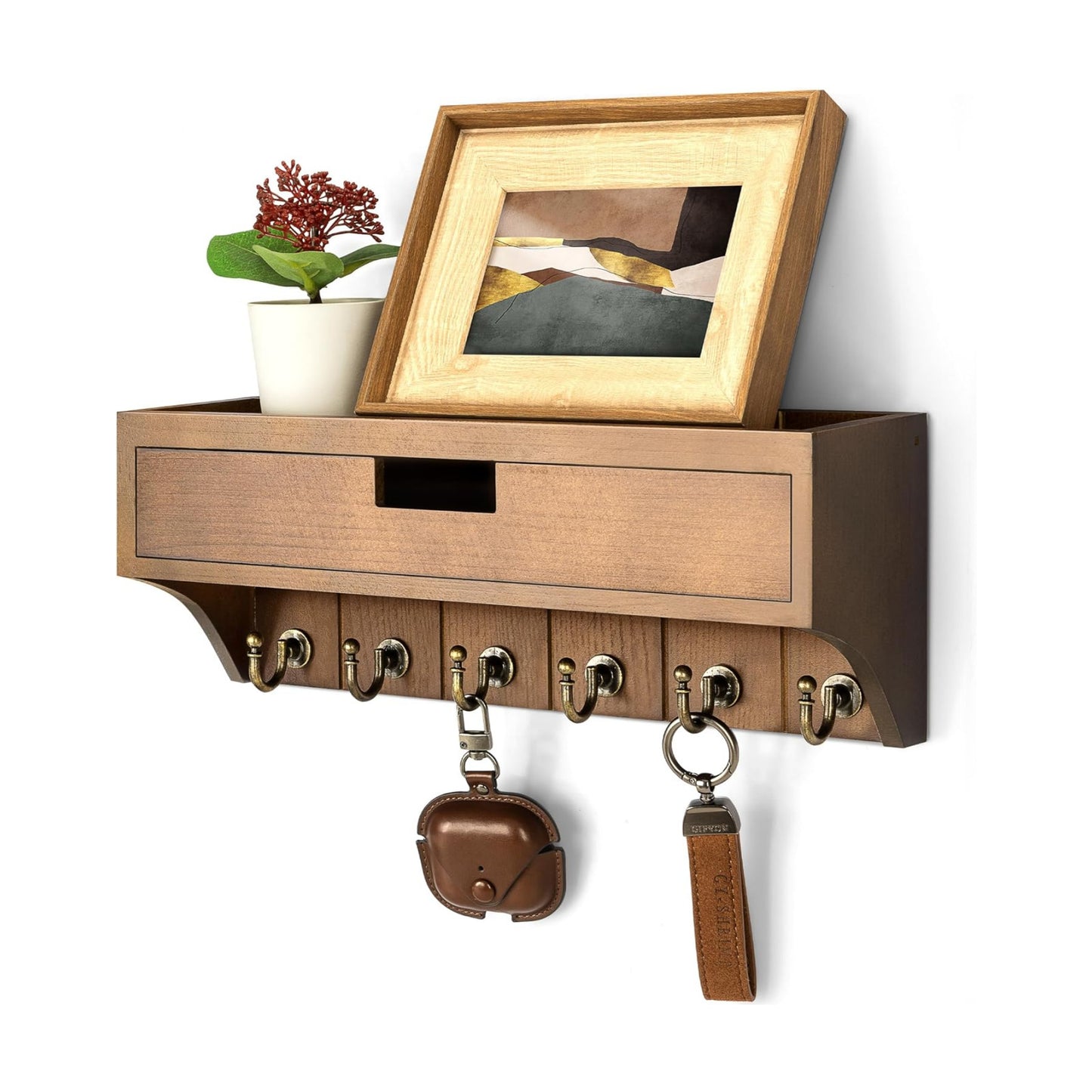 Farmhouse Pine Wood Key Holder Wall Mount / Brown / 1-drawer
