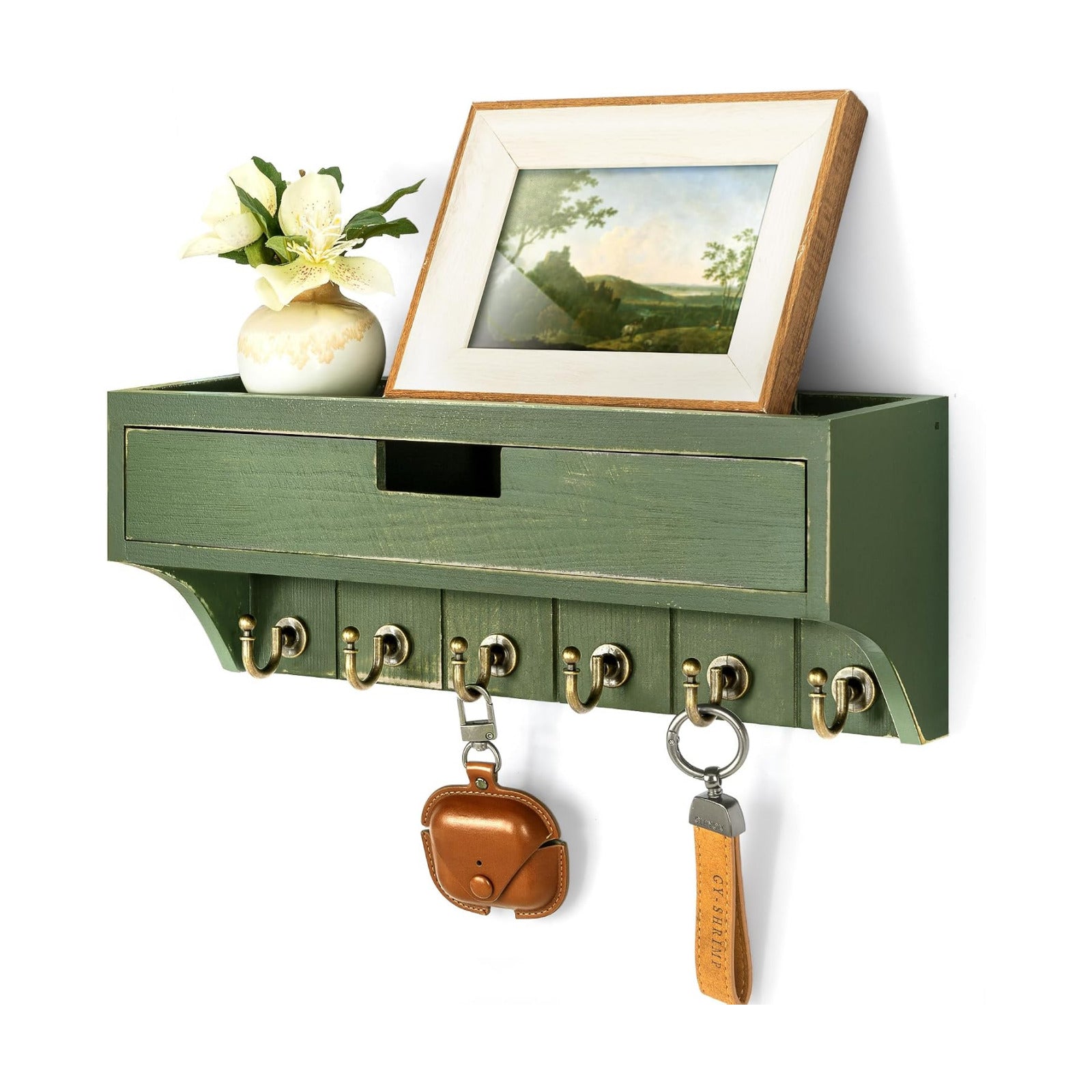 Pine Wood Key Holder Wall Mount / Green / 1-drawer