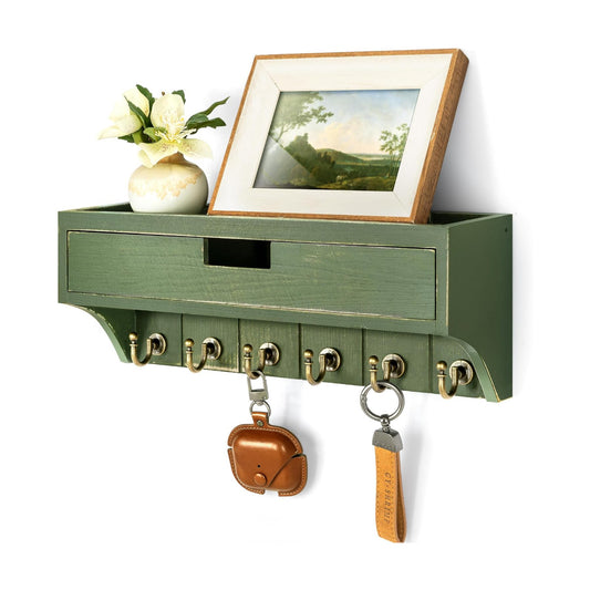 Pine Wood Key Holder Wall Mount / Green / 1-drawer