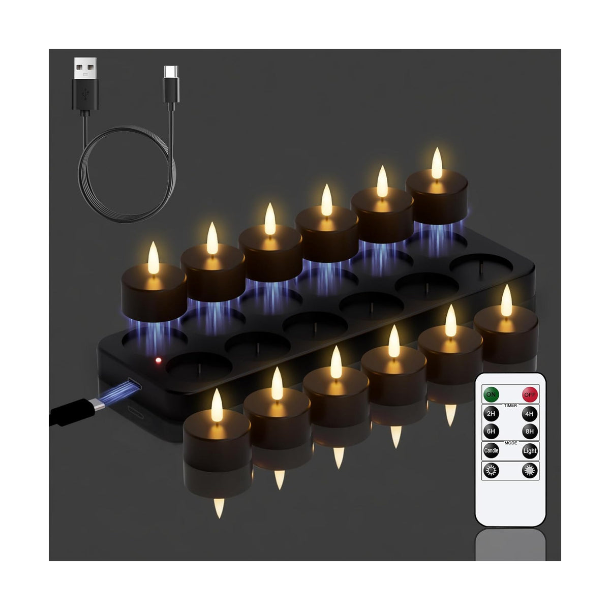 GenSwin Rechargeable Tea Lights Candles Remote Timer Charging Base Black | Flameless LED Tealight Candles Battery