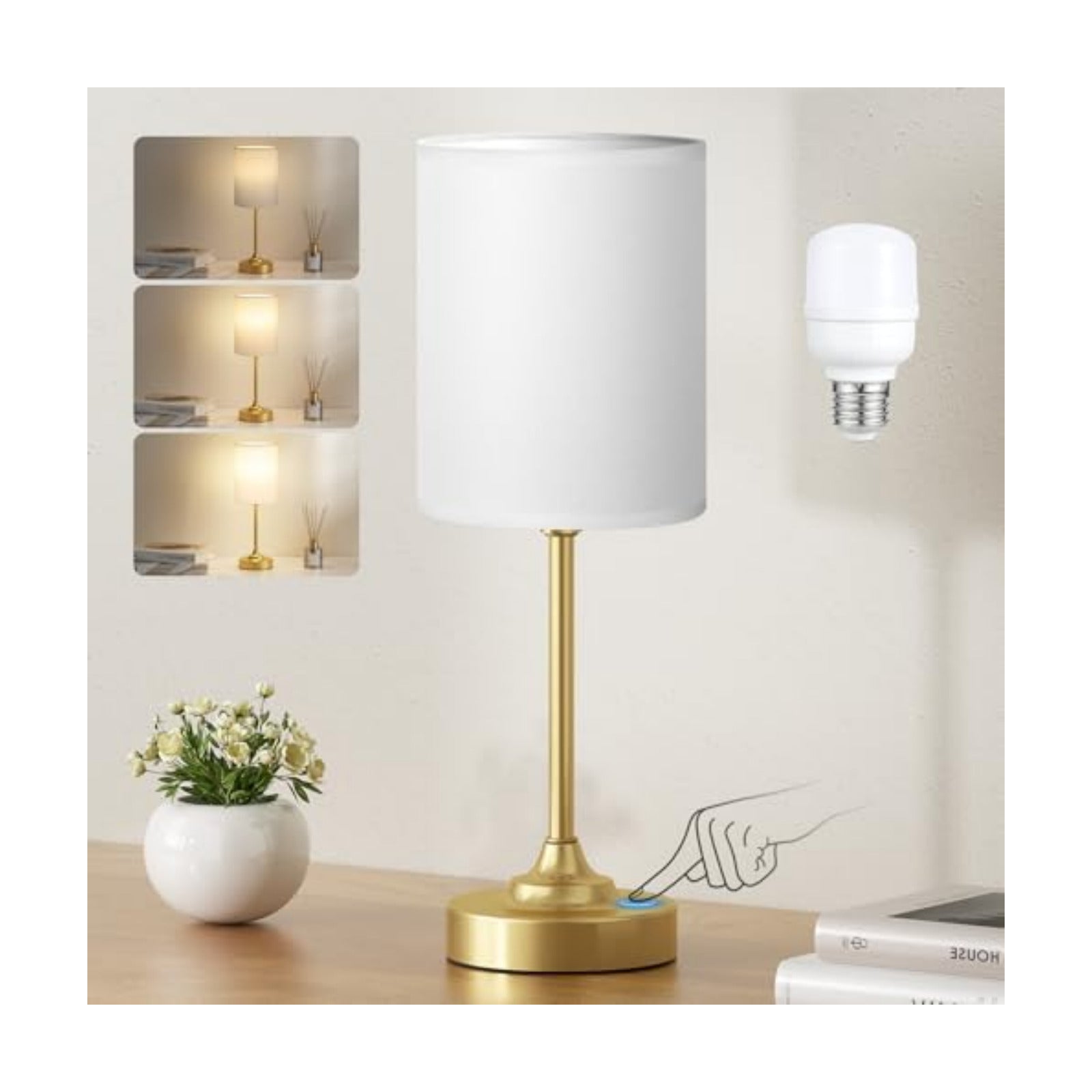Fenmzee Gold Bedside Lamp for Bedroom - 3-Way Dimmable Touch Table Lamp