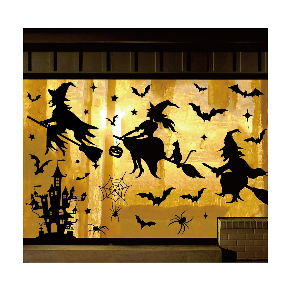 JarThenaAMCS Extra Large Halloween Window Clings Black Witch Castle Bat Window Stickers Double-Sided Glass Decals for Home Classroom Office Party Decoration, 4 Sheets