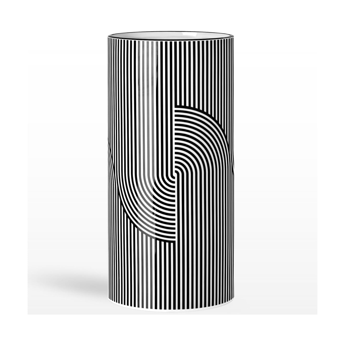 12" Tall and White Ceramic Vase for Flowers / Graphic Lines / Black