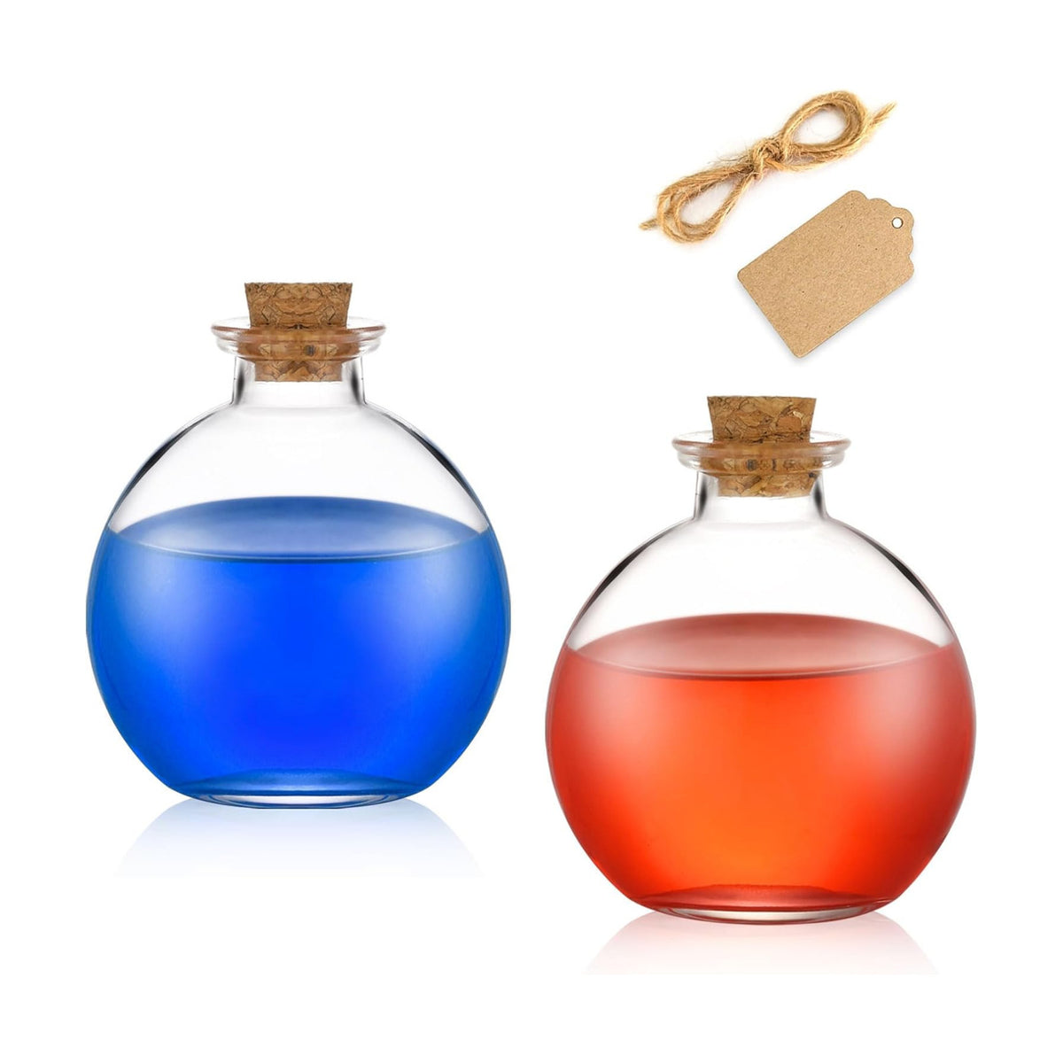 2 pack Glass Potion Bottles with Corks 9oz Empty Spherical Jars for DIY Crafts Decorative Clear Ball Bottle with Wood Stopper for Halloween Decor