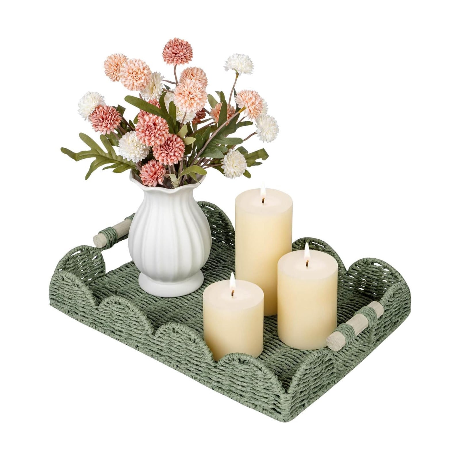 Rectangular Scalloped Decorative Centerpiece Tray / Green / 15.7 x 11.4 x 2.8