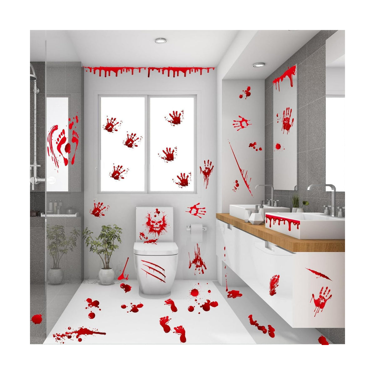 136Pcs Halloween Decorations Indoor, Scary Bloody Handprints Wall Decals Pumpkin Eyeballs Skull Window Stickers with Tattoos for Home Bedroom Floor Bathroom Door Decor (Red Handprints Footprints)