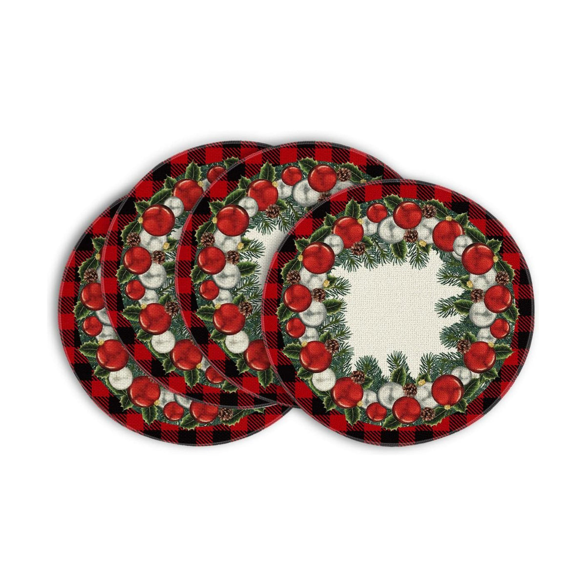 Artoid Mode Holly Balls Ornament Buffalo Plaid Merry Christmas Round Placemats Set of 4, 14 Inch Winter Round Table Mats for Dining Decoration