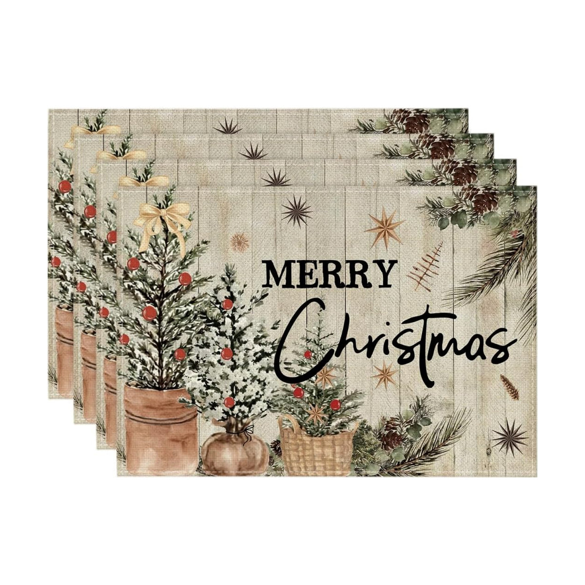 Artoid Mode Wood Holly Pine Cone Merry Christmas Placemats Set of 4, 12x18 Inch Seasonal Winter Holiday Table Mats for Party Kitchen Dining Decoration
