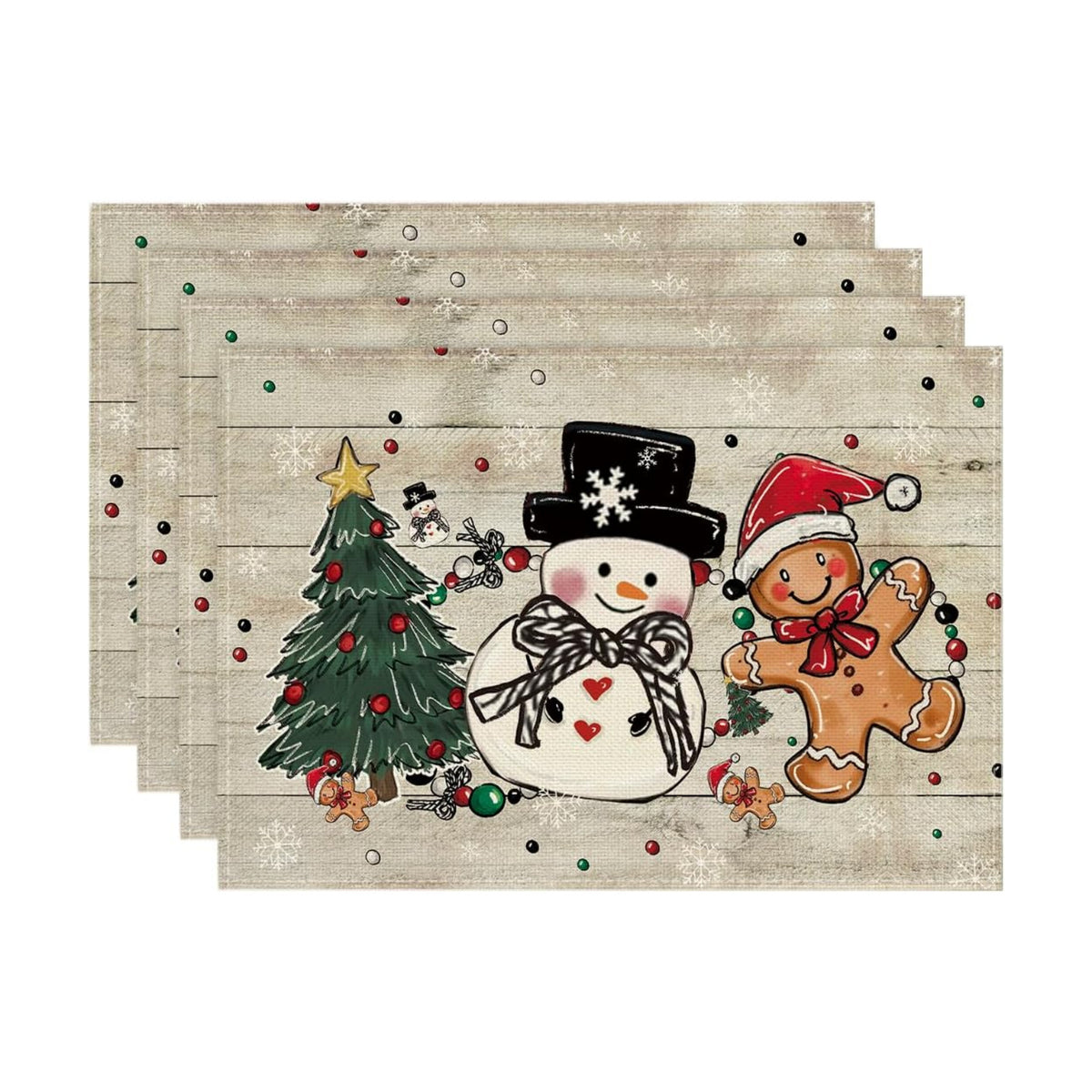 Artoid Mode Snowman Tree Gingerbread Wood Christmas Placemats Set of 4, 12x18 Inch Seasonal Winter Holiday Table Mats for Party Kitchen Dining Decoration