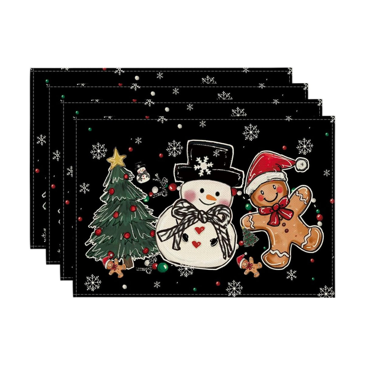 Artoid Mode Snowman Tree Gingerbread Black Christmas Placemats Set of 4, 12x18 Inch Seasonal Winter Holiday Table Mats for Party Kitchen Dining Decoration