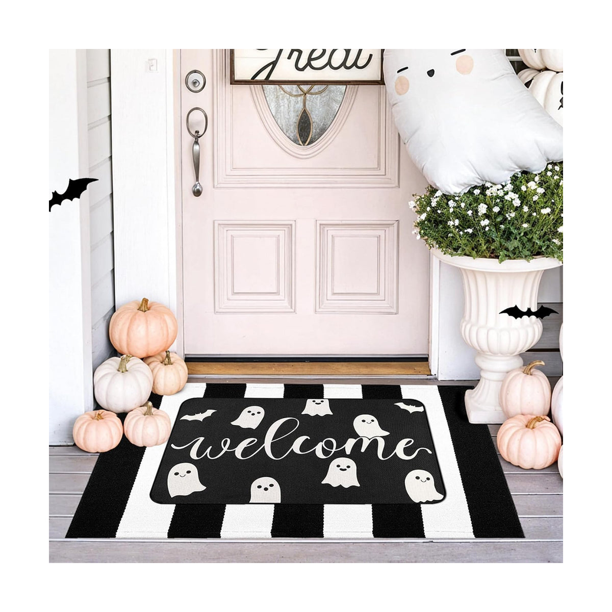 Halloween Door Mat Set, Ghost Welcome Rug with Black White Stripe Runner