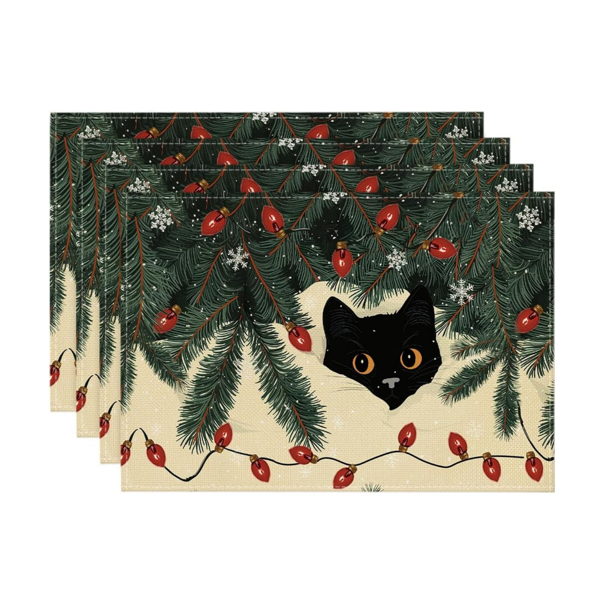 Artoid Mode Christmas Lights Cat Placemats Set of 4, 12x18 Inch Seasonal Winter Holiday Place Mats for Party Dining Table
