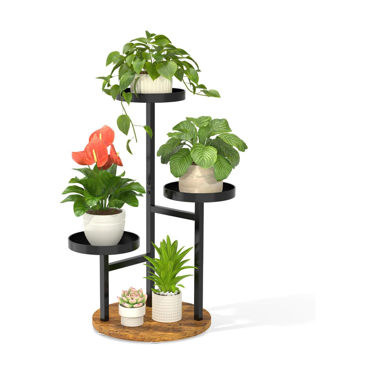 LASZOLA Corner Plant Stand Indoor Flower Shelf Tall, 3 Tiers Metal Black | Heavy Duty Wooden Holder Rack, for Mutiple