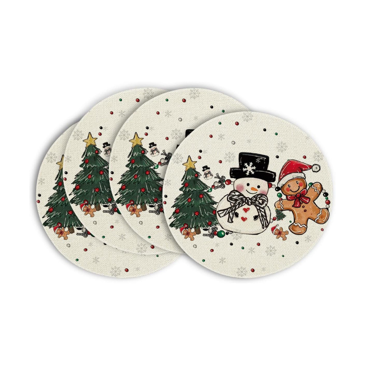 Artoid Mode Snowman Tree Round Christmas Placemats Set of 4, 14 Inch Seasonal Winter Place Mats for Gift Party Table Dining Decoration