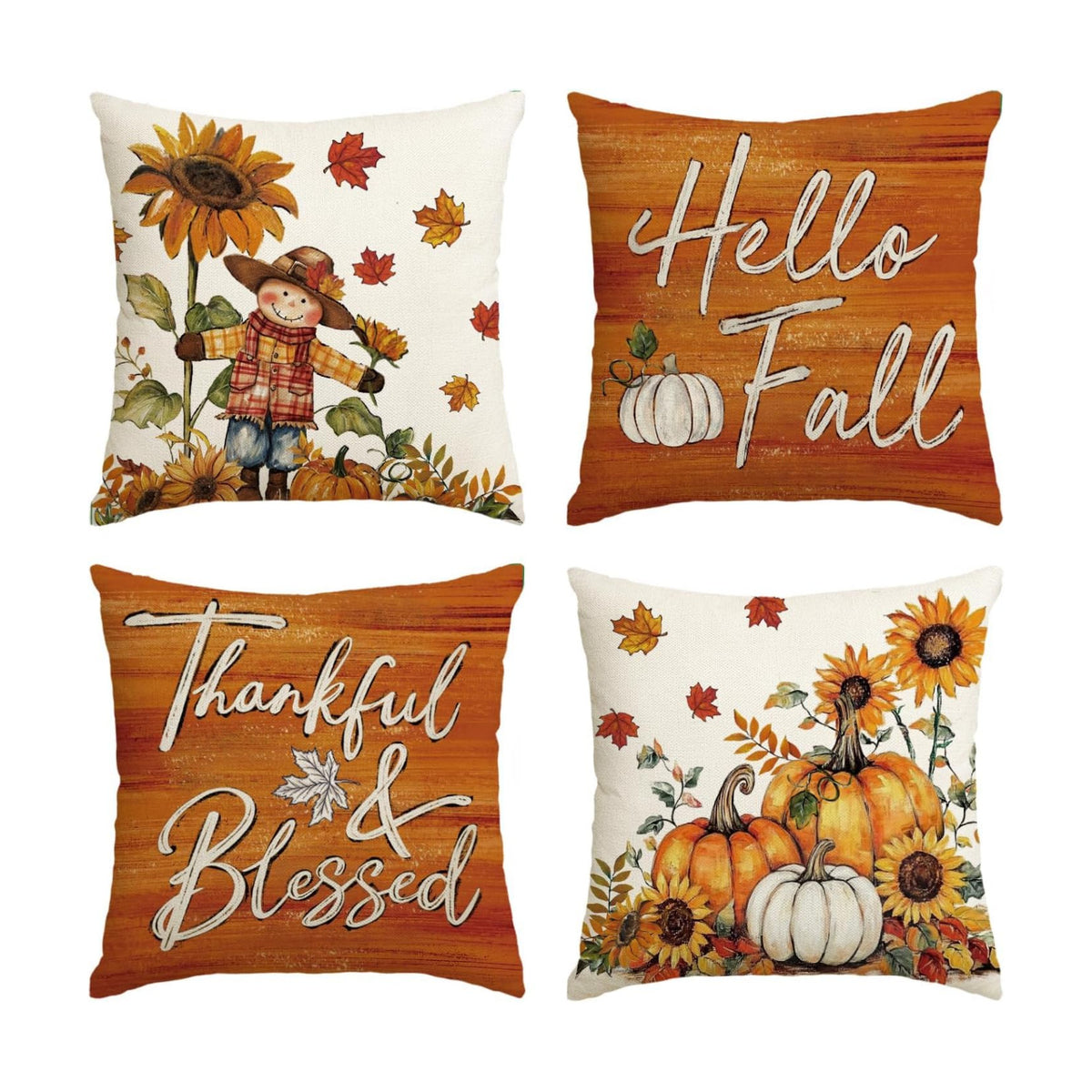 AVOIN colorlife Hello Fall Scarecrow Pillow Covers 16x16 Inch Set of 4