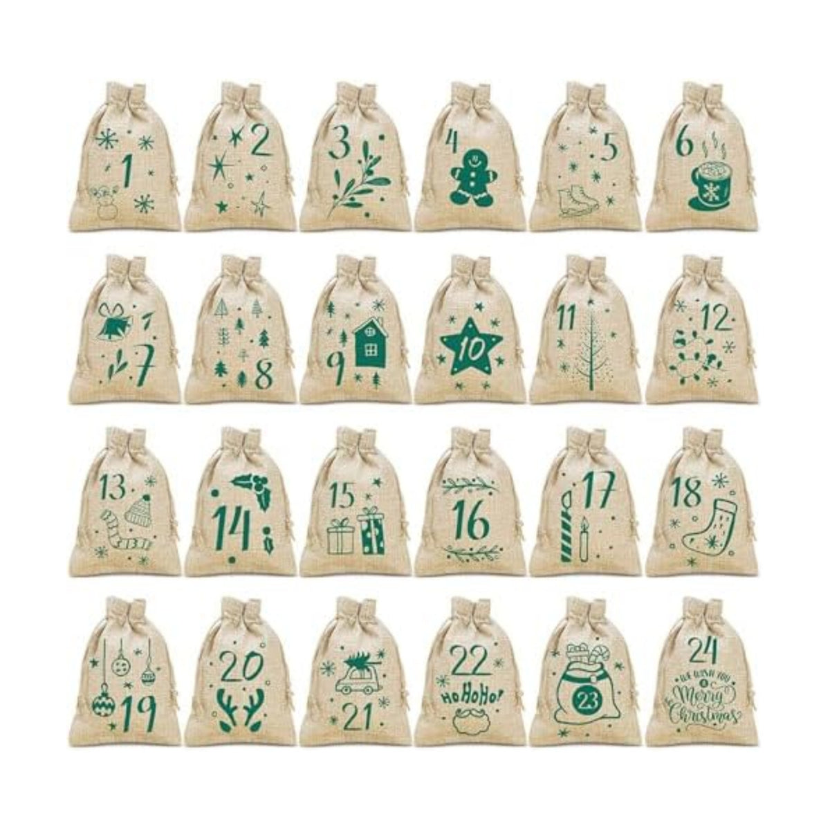 24PCS Christmas Advent Calendar Bags, 3.9x5.9 Inches Christmas Countdown Burlap Bags, Reusable Drawstring Gift Bags for Candy, Snacks, DIY Crafts, Holiday Party Favors