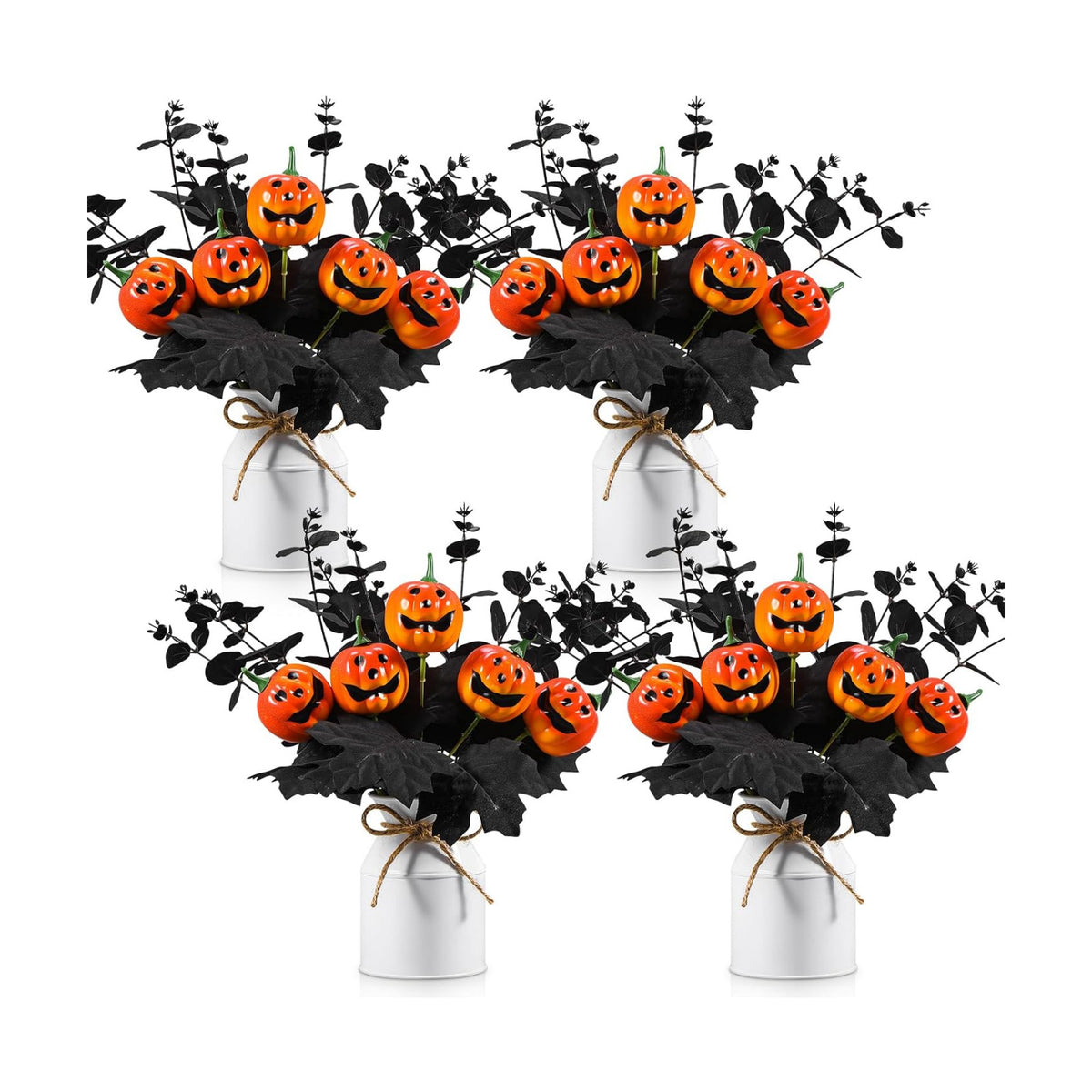 Thiccywoov 4 Sets Halloween Table Centerpiece Decorations Artificial Black Pumpkins Eucalyptus with Metal Vase Faux Pumpkins Plants in Pots for Halloween Trick or Treat Party Home Dining Table Decor