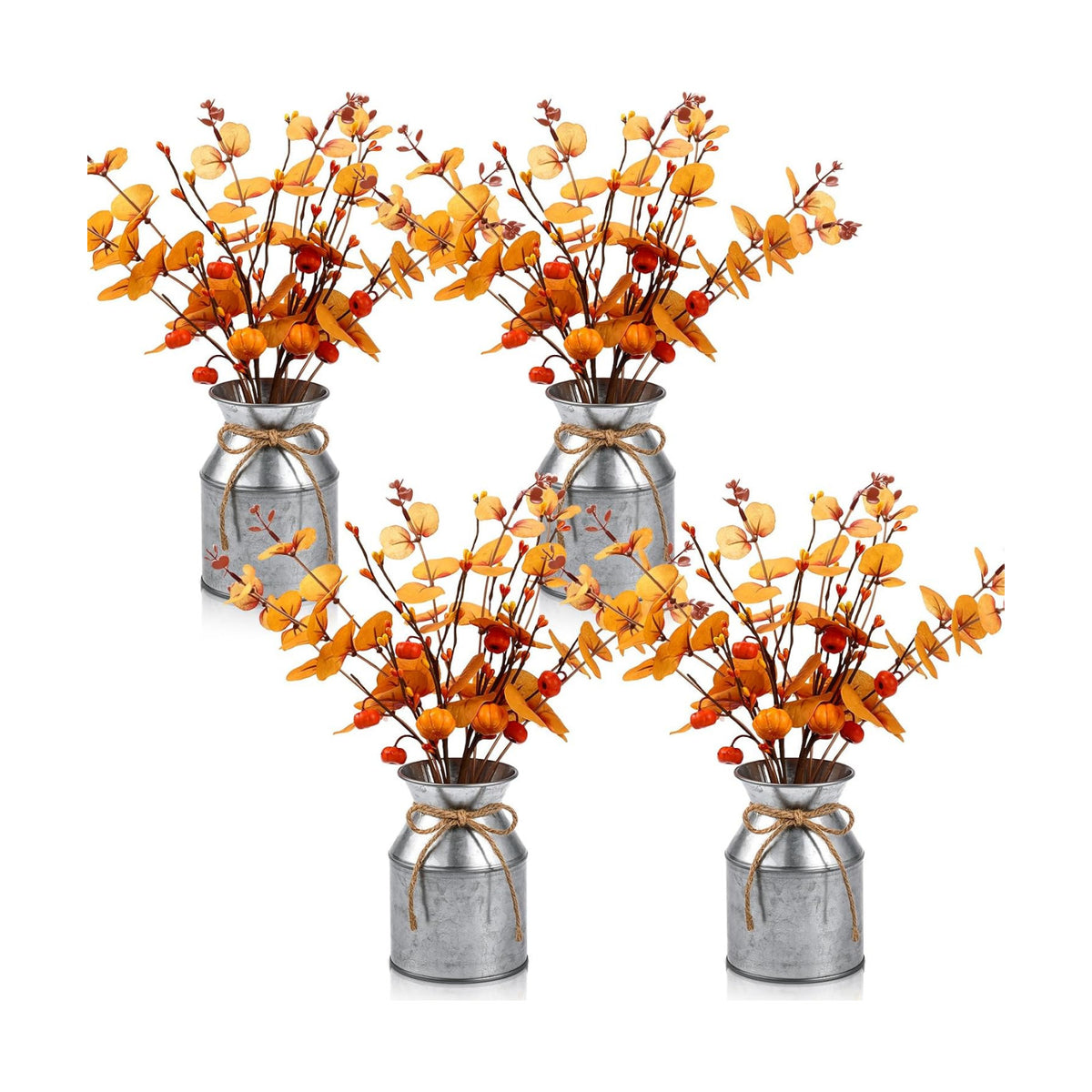 Thiccywoov 4 Set Thanksgiving Fall Table Centerpiece Decorations Artificial Orange Pumpkins Eucalyptus with Metal Vase Faux Pumpkins Plants in Pots for Autumn Harvest Party Home Dining Table Decor